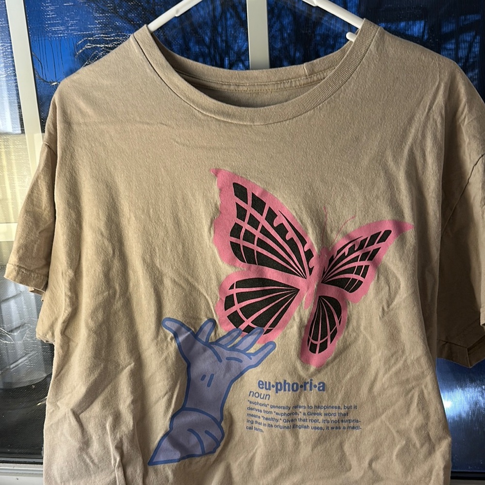 Tan T-Shirt with Pink Butterfly Graphic
